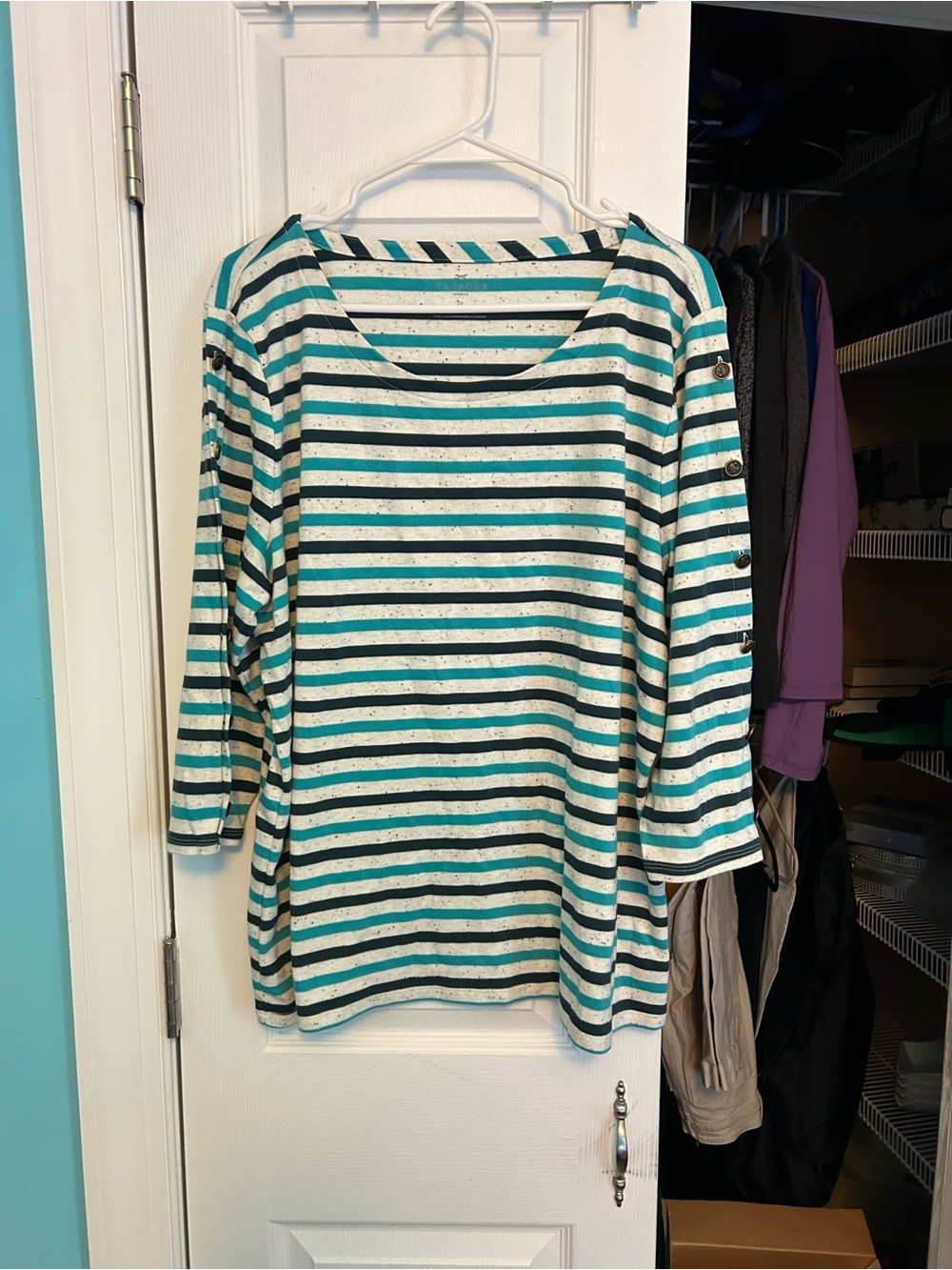 Talbots Teal and White Striped Button-Sleeve Long Sleeve Top